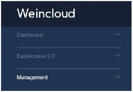 Menu Options are Dashboard, EasyAccess 2.0 and Management. Once logged in, there are three section