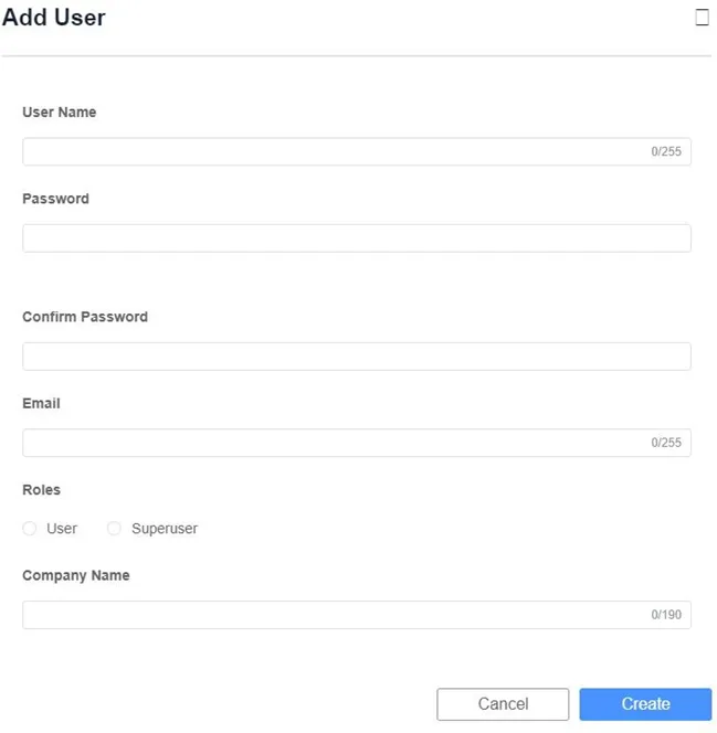 New User Creation fields Add a new user to the Domain. Enter the username and password for the new user account, as well as the email for the user. Also fill out the company name field and assign user or superuser status to the user.