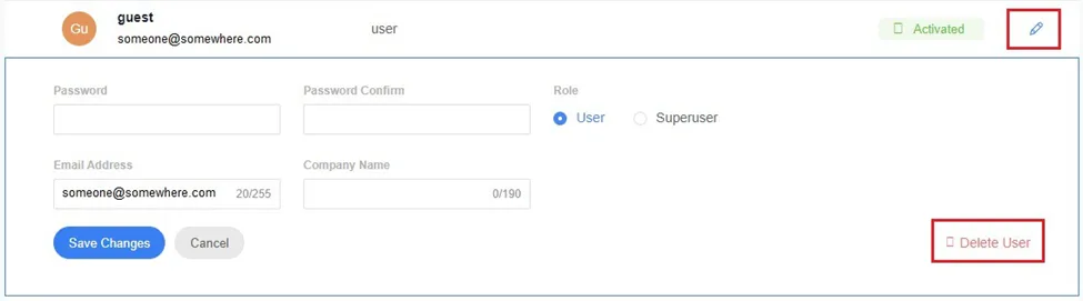Editing a user's information When selecting a user, you can click the Edit icon to change a user's information or access level.