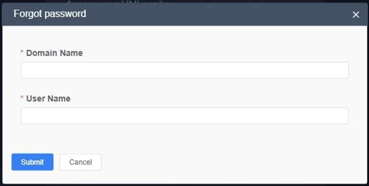 Enter username and domain to get a password reset link via email User enters both their username and the name of the domain, they will receive an email with a password reset link.