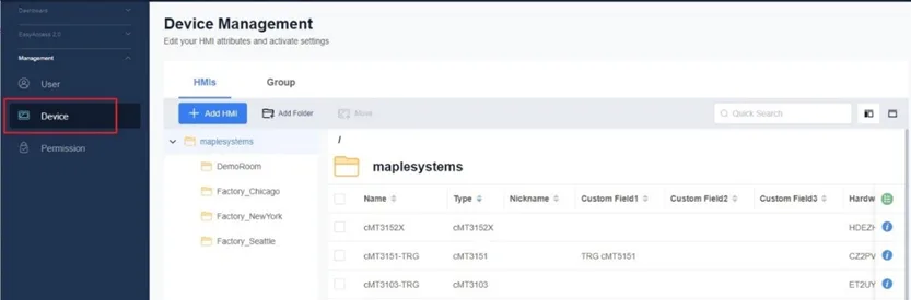 Device Management lets you see HMIs and Groups Under the Management Menu, select Device. This will show a list of all HMIs and all Groups registered to the Domain.