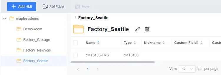 Moving an HMI to a different folder. The cMT3103 unit is now moved from the main directory into the Factory_Seattle folder.