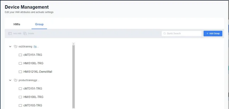 Group tab shows a list of HMI groups in the domain Click the Group tab under Device Management to see a list of the HMI Groups in the domain.