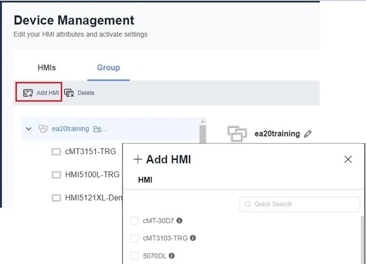 Add an HMI to the selected group with the Add HMI button Once a group is created, you can select it, then use the Add HMI button to add an HMI to the selected group