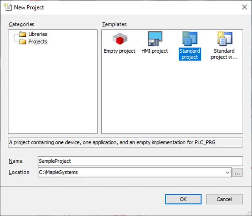 Creating a Codesys project 1 Creating a CODESYS Project. Select New Project from the File menu and designate your new project as a "standard project".