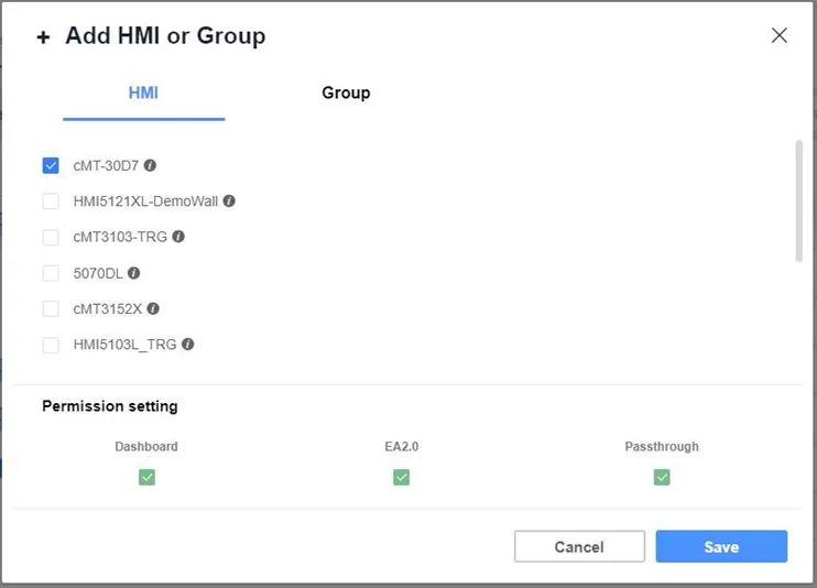 Add an HMI to a user's access and assign permissions Select a user and then in the HMI tab, choose an HMI to add to the selected user. Permission settings allow for the user to access the HMI via EA2.0, or use the Pass through feature.