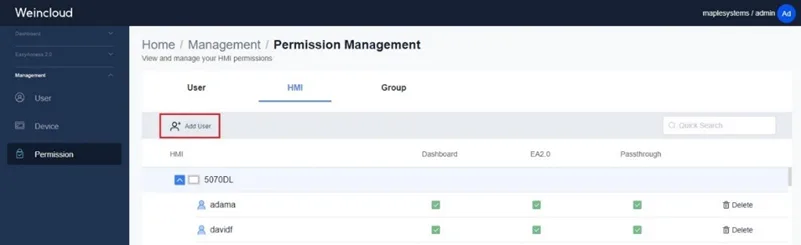 Select the HMI, and then choose a user and set permissions. HMI tab allows for a user to be added to a selected HMI. Permission settings can be chosen for the user at this time.