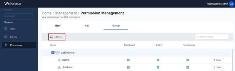 Users can be assigned to groups. Group tab allows the administrator to assign a user to a group. Select the group, then choose a user to add.
