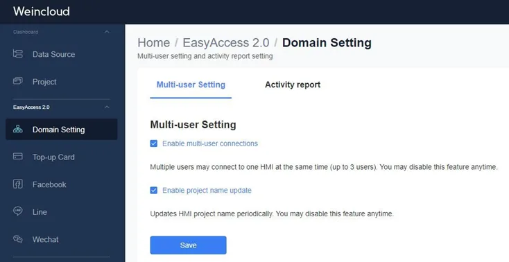 Domain Setting The Domain Setting section allows you to enable multi-user connections, enable project name update, and configure the activity report.