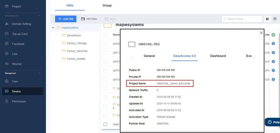Project name can be shown in Device Management When Enable project name update is checked, the name of the project currently running in the HMI is periodically updated and displayed in the Device Management information window on the EasyAccess 2.0 tab.