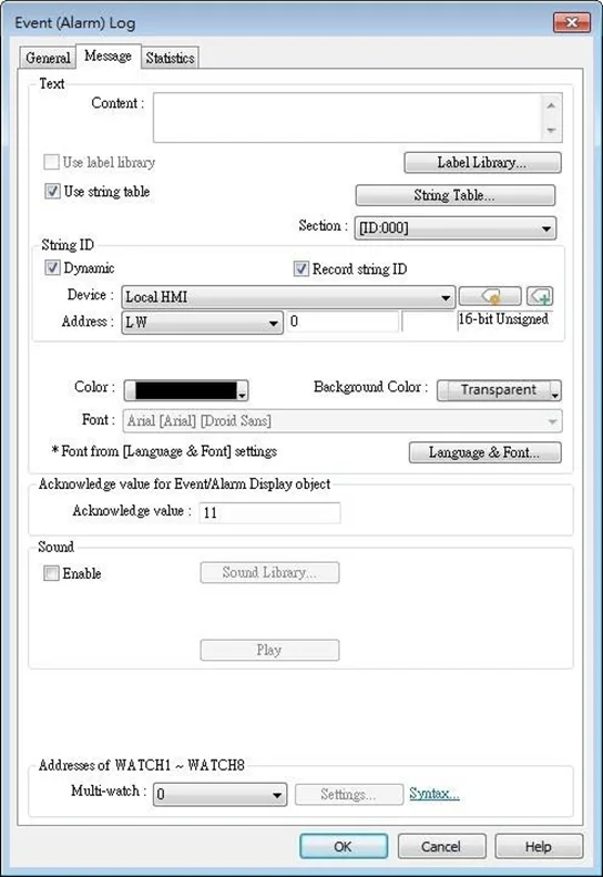 EBPro event alarm log message tab EBPro Event Alarm Log Message tab, showing the configurable aspects of the message which will display with the activation of the alarm.