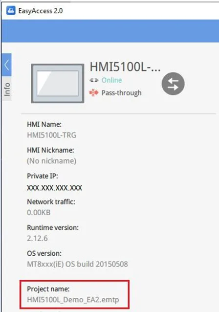 Project name shows in EA2.0 app as well Project Name also shows in the EasyAccess 2.0 application, when the Enable Project name update option is checekd.