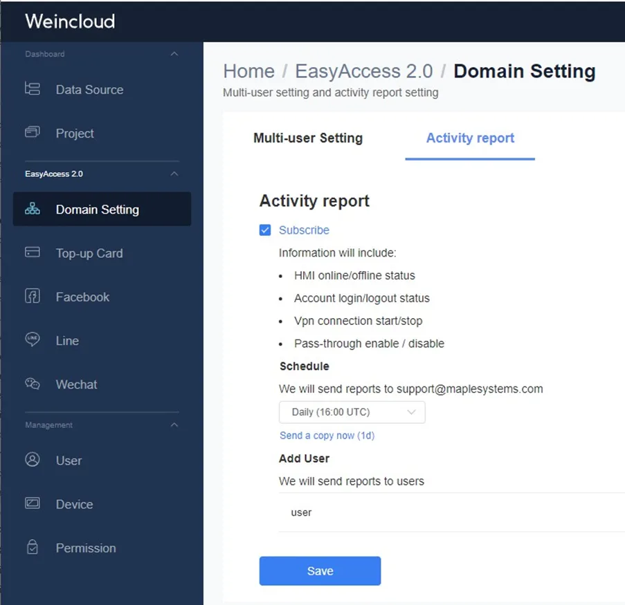 Enable Activity Report Use this option to subscribe to the EasyAccess 2.0 Activity Report. It can be scheduled to email the report daily, weekly, or monthly to the administrator’s email address