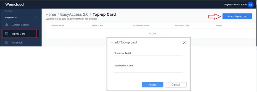 Adding top up card Adding a top up card in the Easy Access 2.0 domain website.