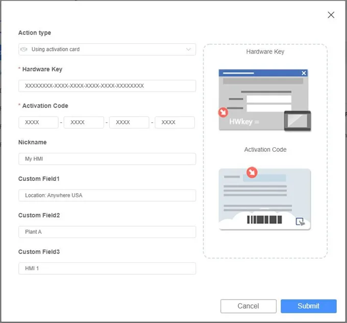 Activating an HMI with an Activation Card purchased from Maple Systems. Enter the Hardware Ky of the HMI and Activation Code printed on the card in the required fields.