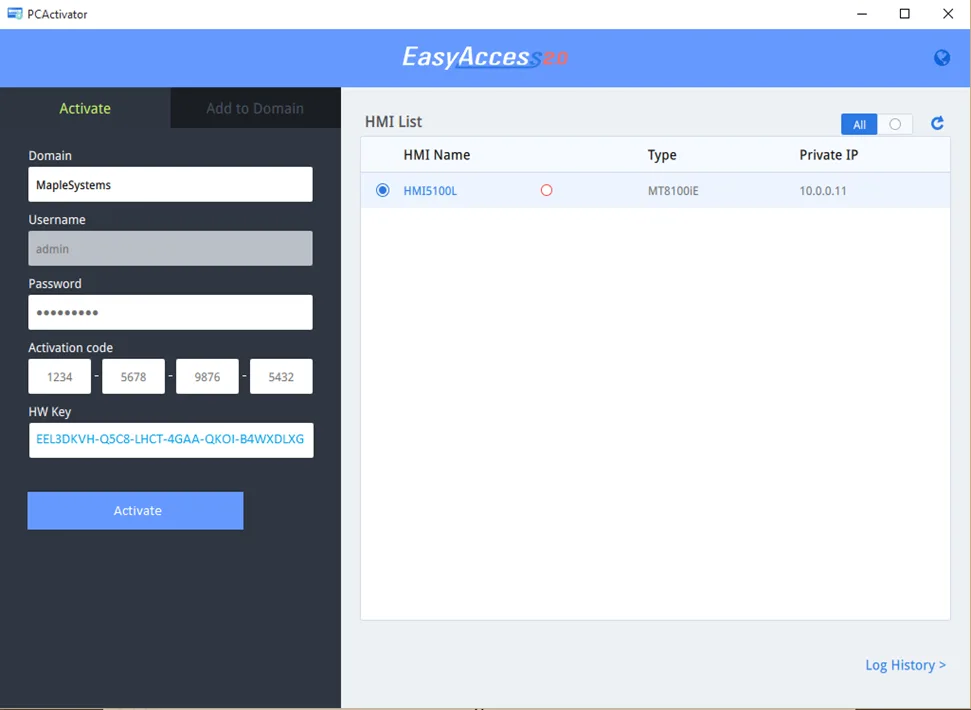 Activating an HMI with an Activation Card purchased from Maple Systems, but using the PC Activator program. Enter the Hardware Ky of the HMI and Activation Code printed on the card in the required fields.