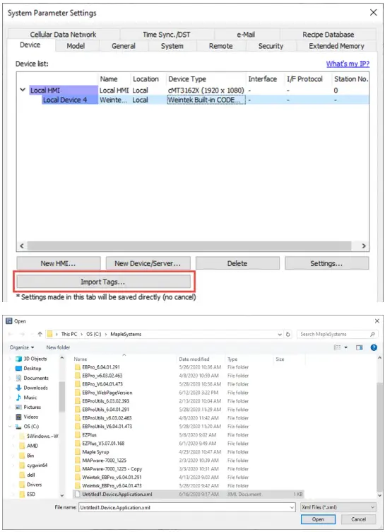 Codesys tags imported Import Tag button opens a dialog where you can navigate to your XML tag file.
