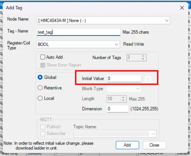 Demonstrating the Initial value input within the "add tag" dialogue for MAPware-7000