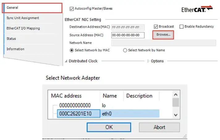 Linking the iR ECAT to the cMT unit In the General settings tab, click the Source Address (MAC) Browse button to set the gateway address to use for the EtherCAT interface.