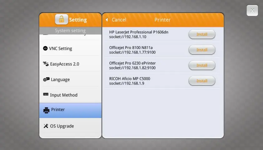 cMT orange system settings printer tab showcasing 4 network printers to choose from.