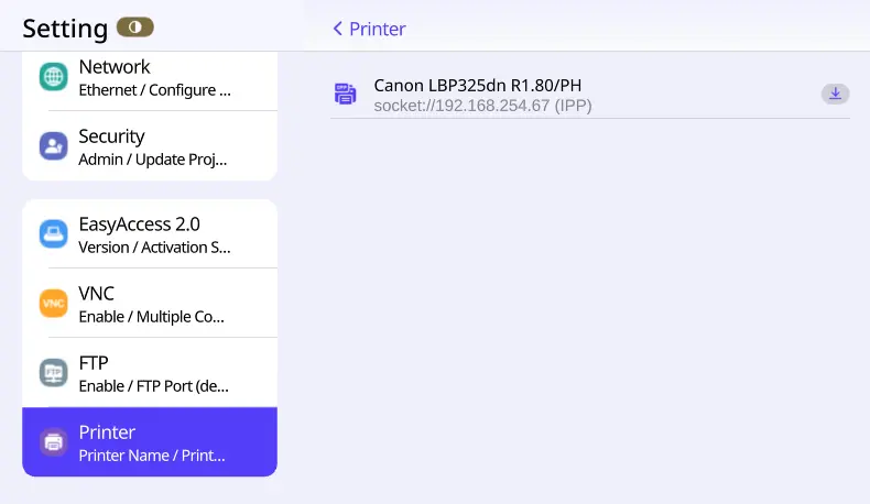 cMT Blue system settings page showcasing an available network printer.