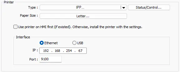 Printer settings section within Easy builder pro's system parameters page.