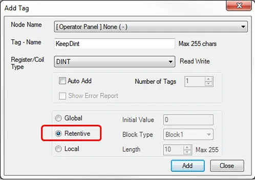 When creating a tag in MAPware-7000 IEC mode, you can designate it as a retentive tag via the "retentive" option in the Add Tag window