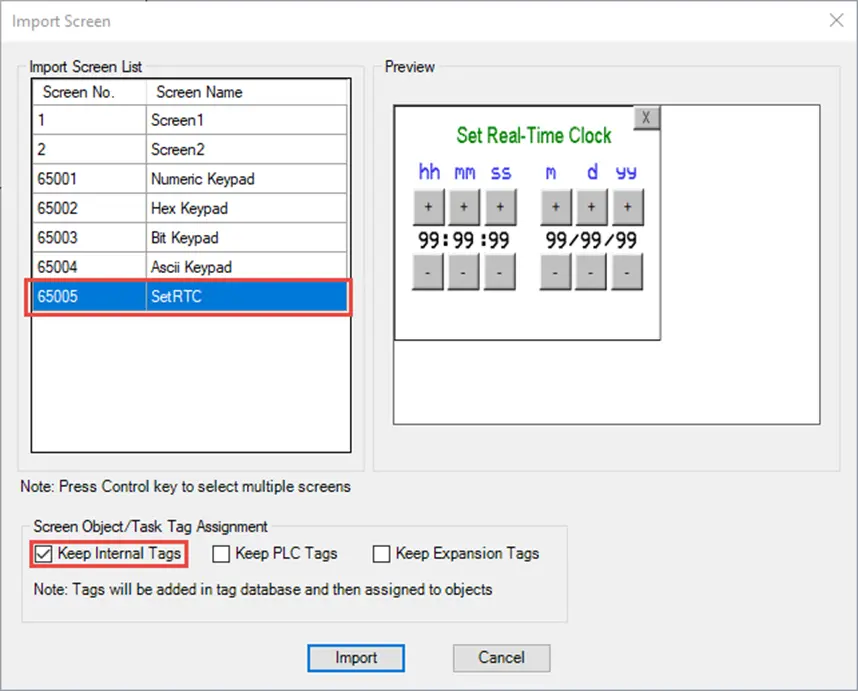 Screenshot of the MAPware-7000 Import Screen window, with Screen 65505 (Set RTC) selected, and the "keep internal tags" option checked