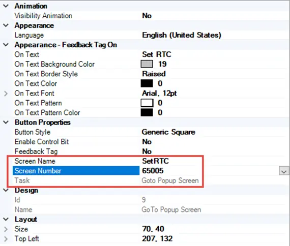 MAPware-7000 Open Popup Screen button, highlighting the "65505" screen previously imported, in the Screen Number selection of the button properties window