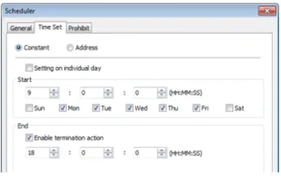 Scheduler Object config Configuring the start time of the scheduler object for 9am every weekday and end time at 6pm the same day