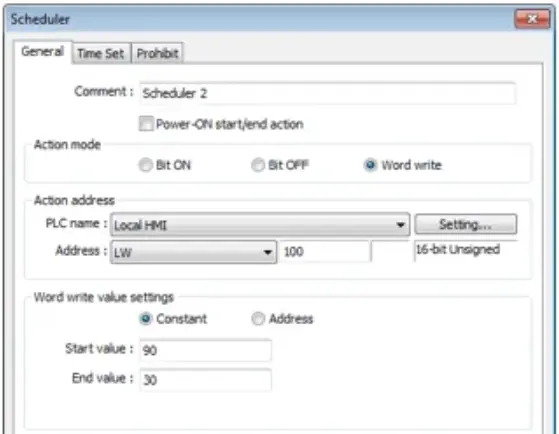 Scheduler Object config Configuring the action of the scheduler object to occur between a value of 30 and 90