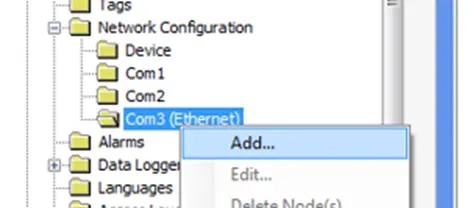 Network Configuration folder to add device to project