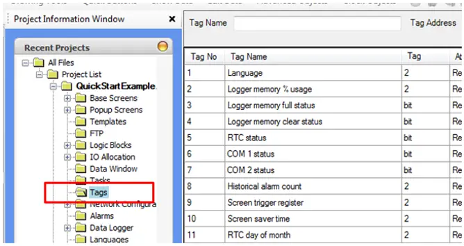 Project information window, tag database selected