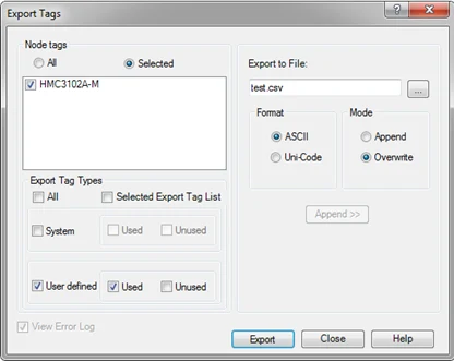 Export Tags window