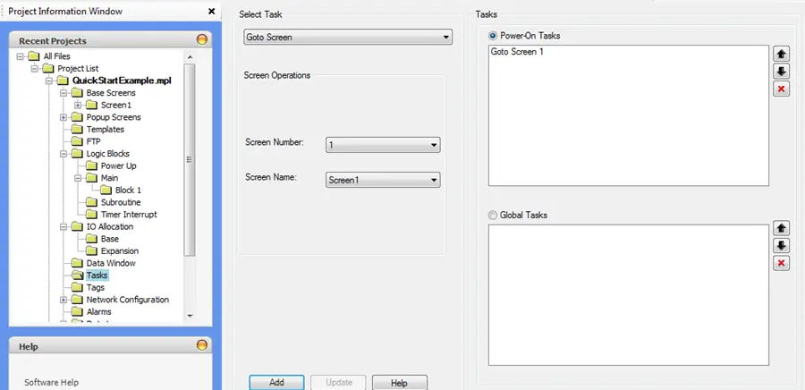 Assign Global or Power On Task MAPware-7000 assigning global or power on tasks via the tasks folder in project information window
