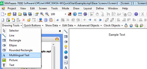 Draw Menu, Multilingual text object selected