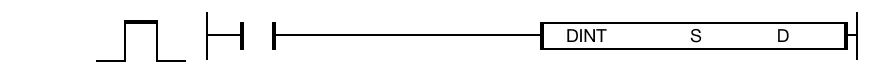 The DINT instruction converts a REAL value, S, into a DWORD value and saves the conversion in an assigned signed DWORD data register, D.