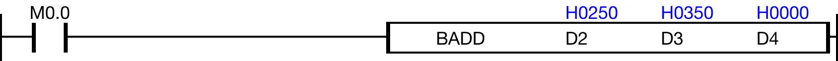 When M0.0 is powered ON, the 4-digit binary-coded decimal (BCD) data register, D2, is added to the 4-digit binary-coded decimal (BCD) data register, D