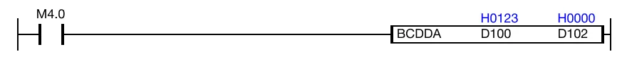 When the contact, M4.0, is powered ON (1), the BCDDA instruction converts the value of the BCD data register, D100, into ASCII code.