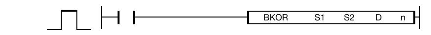 The BKOR instruction performs a logical OR on n number of WORD data registers starting at S1 and n number of data registers starting at S2 and saves t