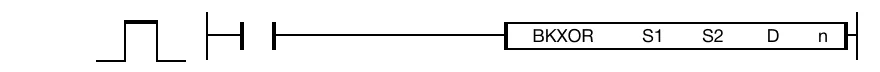 The BKXOR instruction performs a logical XOR on n number of WORD data registers starting at S1 and n number of data registers starting at S2 and saves
