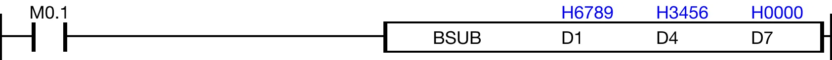 When M0.1 is powered ON, the 4-digit binary-coded decimal (BCD) data register, D4, is subtracted from the 4-digit binary-coded decimal (BCD) data regi