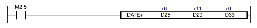 Ladder Diagram Example When the contact, M3.0, is powered ON (1), the instruction subtracts the WORD date value data registers, D30, D31, and D32, from the WORD date value d