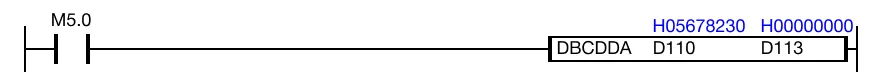 Ladder Diagram Example When the contact, M5.0, is powered ON (1), the DBCDDA instruction converts the value of the two BCD data registers, D110 and D111, into ASCII code.