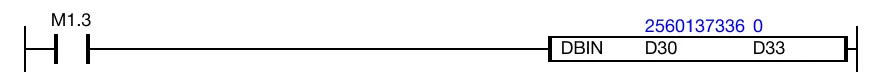 When the contact, M1.3, is powered ON (1), the value of the 8-digit binary-coded decimal (BCD) data register, D30, 2,560,137,336, is converted into un