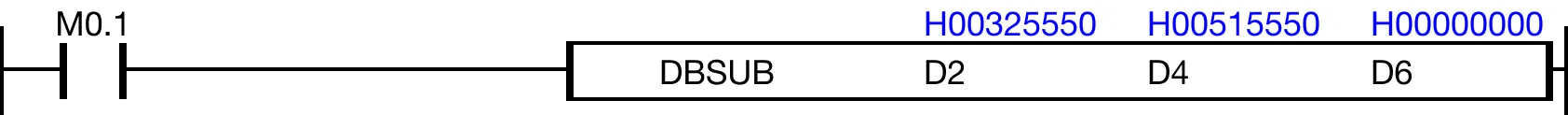 When M0.1 is powered ON, the 8-digit binary-coded decimal (BCD) data register, D4, is subtracted from the 8-digit binary-coded decimal (BCD) data regi