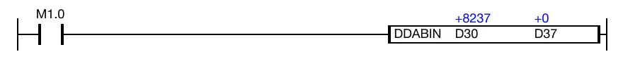 Ladder Diagram Example When the contact, M1.0, is powered ON (1), the DDABIN instruction converts six ASCII data registers, D30, D31, D32, D33, D34, and D35, into binary.
