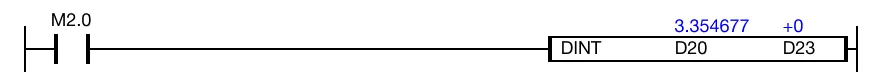 When the contact, M2.0, is powered ON (1), the value of the REAL data register, D20, 3.354677, is converted into signed binary notation.