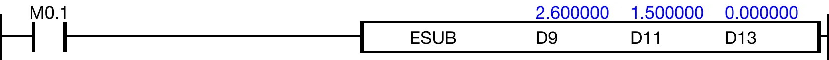 When M0.1 is powered ON, the REAL data register, D11, is subtracted from the REAL data register, D9, and the difference is saved in the REAL data regi