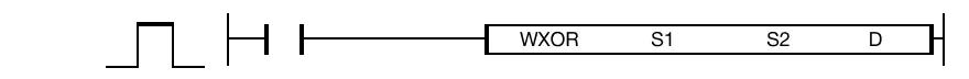 The WXOR instruction performs a logical XOR on the WORD value, S1, and the WORD value, S2, and saves the result in an assigned WORD data register, D.